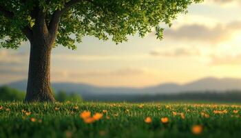 Majestic Grand Tree in a Vibrant Field Nature Background with Copyspace Scenic Viewpoint photo
