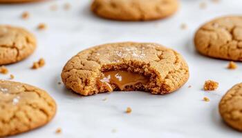 Delicious Half-Eaten Cookie Closeup Background Copyspace Warm Environment photo