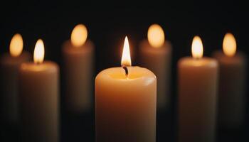 Illuminated Pillar Candles Cozy Setting Nature Background Warm Atmosphere Peaceful Concept Copyspace photo
