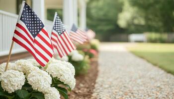 American Flags Fluttering Alongside Hydrangeas Garden Background Nature Copyspace Serene Viewpoint photo