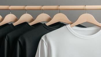 Soft Fabric Textures of T-Shirts on Hangers Modern Studio Copyspace Background Nature Vibe photo