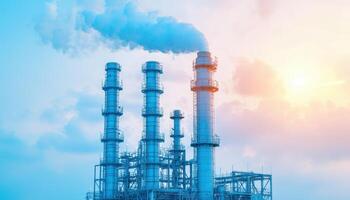 Industrial Action of Distillation Towers Against Nature Background with Copyspace for SEO Impact photo