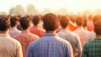 Unity in Diversity Crowd of Indian Flag Bearers Outdoor Event Nature Background with Copyspace photo