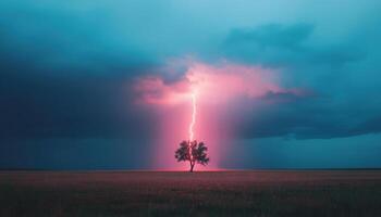 Lightning Striking a Crooked Tree in Nature's Background Dramatic Landscape with Copyspace photo