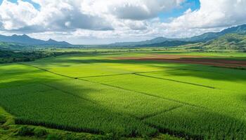 Vibrant Sugar Cane Field Panorama Sunny Landscape Nature Photography Wide Background Copyspace photo
