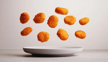Floating Chicken Nuggets Minimalist Kitchen Food Photography Clean Background Copyspace photo
