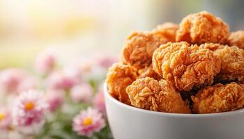 Fried Chicken Delights in a Bowl Beautiful Garden Background Gourmet Food Photography Outdoor Setting Copyspace photo