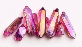 Floating Iridescent Gemstones on a Clean Background with Copyspace Artistic Angle photo