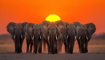 Herd of Elephants Moving Gracefully at Sundown Nature Scene Warm Background Copyspace photo