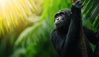 Monkeys Swinging in Lush Jungle Background with Copyspace for Wildlife Content photo