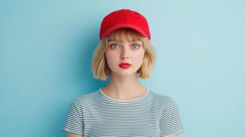 Playful Woman in Red Cap Blue Background Portrait Studio Close-Up Copyspace photo