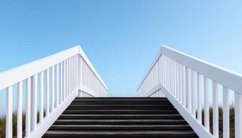 White Vinyl Fence and Dark Wooden Stairs Outdoor Setting Clear Sky Background Copyspace for Design photo
