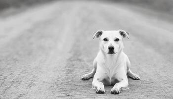 Emotional Dog Lying Down on Road Natural Background with Copyspace Black and White Environment photo