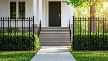 Elegant Wrought Iron Fence Enclosing Stylish Stairs Garden Background Copyspace View photo
