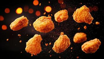 Fried Chicken Pieces in Mid-Air Dark Background Food Photography Studio Dynamic Viewpoint Copyspace photo
