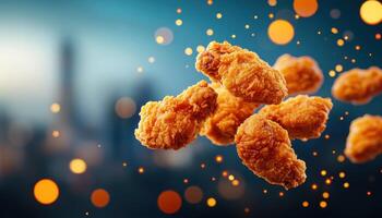 Fried Chicken Pieces in Flight Urban Background Food Photography Colorful Copyspace Environment photo