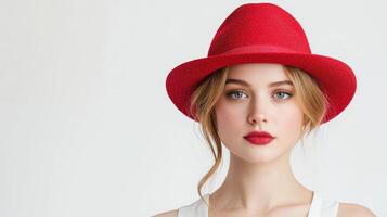 Playful Fashion Forward Woman in Classic Red Fedora Studio Background Copyspace Elegant Portrait photo