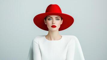 Elegant Minimalist Woman in Red Hat Studio Background Fashion Portrait with Copyspace photo