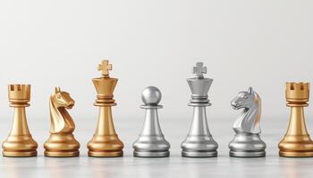 Artistic Arrangement of Gold and Silver Chess Pieces on Neutral Background with Copyspace photo