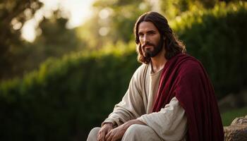 Jesus in Contemplation on a Rock Natural Setting Photo with Background and Copyspace