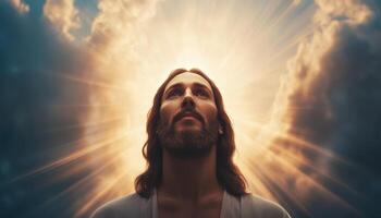 Divine Emergence of Jesus from Radiant Sunburst Ethereal Background Copyspace Spiritual Environment photo