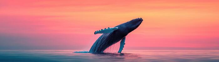 Majestic Humpback Whale Breaching Ocean Surface at Dusk Nature Scene Background Copyspace photo