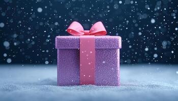 Winter Gift Box Background with Copyspace Sparkly Purple Present Snowy Environment photo