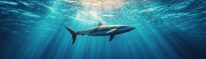 Underwater Encounter with a Whale in Sunlit Ocean Background Copyspace for Nature Photography photo
