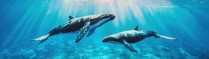Whales Frolicking in Vibrant Ocean Background with Sunlight Copyspace photo