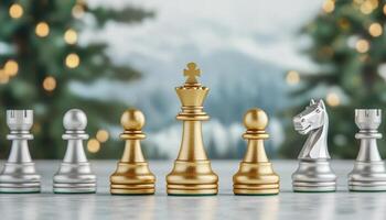 Dramatic Still Life of Gold and Silver Chess Pieces Elegant Background Copyspace Artistic Composition photo