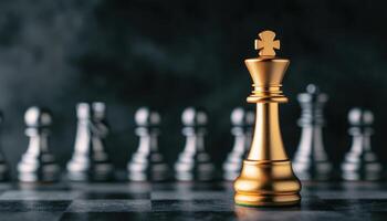 Chess King Piece on Board Close-Up Dark Background Copyspace Concept of Strategy photo