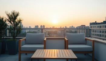 Sunset Rooftop Lounge with Modern Architecture Urban Landscape Building Background Serene View photo