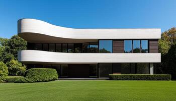 Modern Architectural Building in Serene Garden Setting Captured from a Bright Viewpoint photo