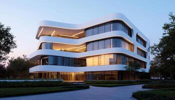 Modern Architecture Building Against Natural Background in Urban Environment at Sunset photo