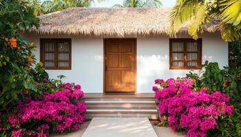 Tropical Architecture Charming Building Surrounded by Vibrant Flowers Outdoor Setting Aesthetic View photo
