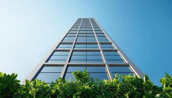 Modern Architecture Building Against Clear Sky Captured from Below with Lush Greenery Background photo
