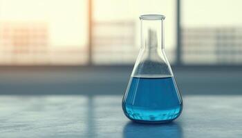 Laboratory Experiment with Blue Liquid in Glass Flask Modern Workspace Science Background Copyspace photo