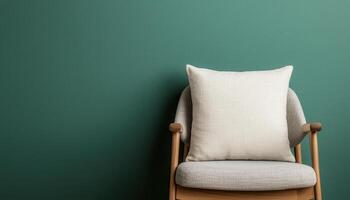 Cozy Chair with Pillow Against Green Wall Interior Design Minimalist Style Background Copyspace photo