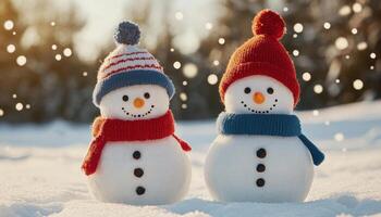 Cheerful Snowmen in Winter Wonderland Snowy Background Copyspace for Festive Greetings photo