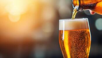 Refreshing Beer Pouring into Glass Celebratory Background Copyspace for Creative Use photo
