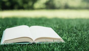 Open Book on Green Grass Nature Background Copyspace for Text Peaceful Environment photo