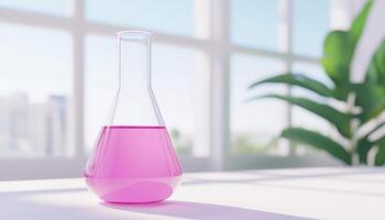 Laboratory Experiment with Pink Liquid in Flask Bright Background Copyspace for Science Enthusiasts photo