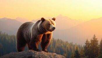Majestic Grizzly Bear on Rocky Outcrop at Sunset Nature Background with Copyspace photo