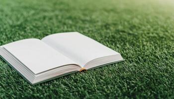 Open Book on Green Grass Tranquil Nature Scene Peaceful Background Copyspace for Text photo