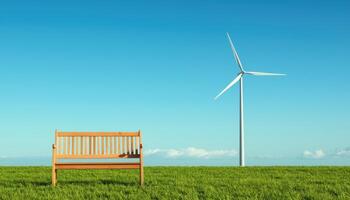 Tranquil Bench with Wind Turbine in Clear Blue Sky Nature Background Copyspace for Inspiration photo