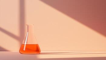 Chemical Experiment Glass Flask with Orange Liquid Minimalist Background Copyspace for Scientific Concepts photo