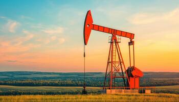 Oil Pumping Action in the Countryside at Sunset Industrial Background with Copyspace photo
