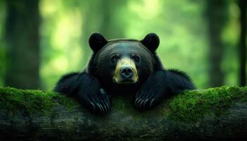 Black Bear Resting on Tree Log in Lush Forest Background with Copyspace for Text photo