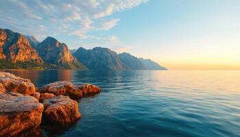 Serene Sunset Over Mountain Lake Nature Scene Tranquil Environment Background Copyspace photo