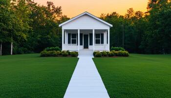 Charming White House with Green Lawn Summer Evening Background Copyspace for Dreams photo